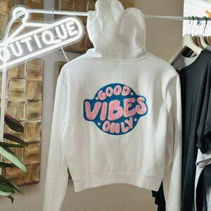 Cropped White Good Vibes Only Hoodie Chenille Pink Blue